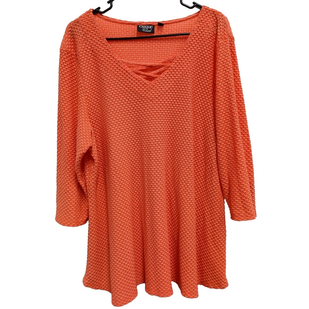 Onque Casual Womens Lagenlook BOHO Tunic top Size 1X Orange Textured 3/4 Sleeve